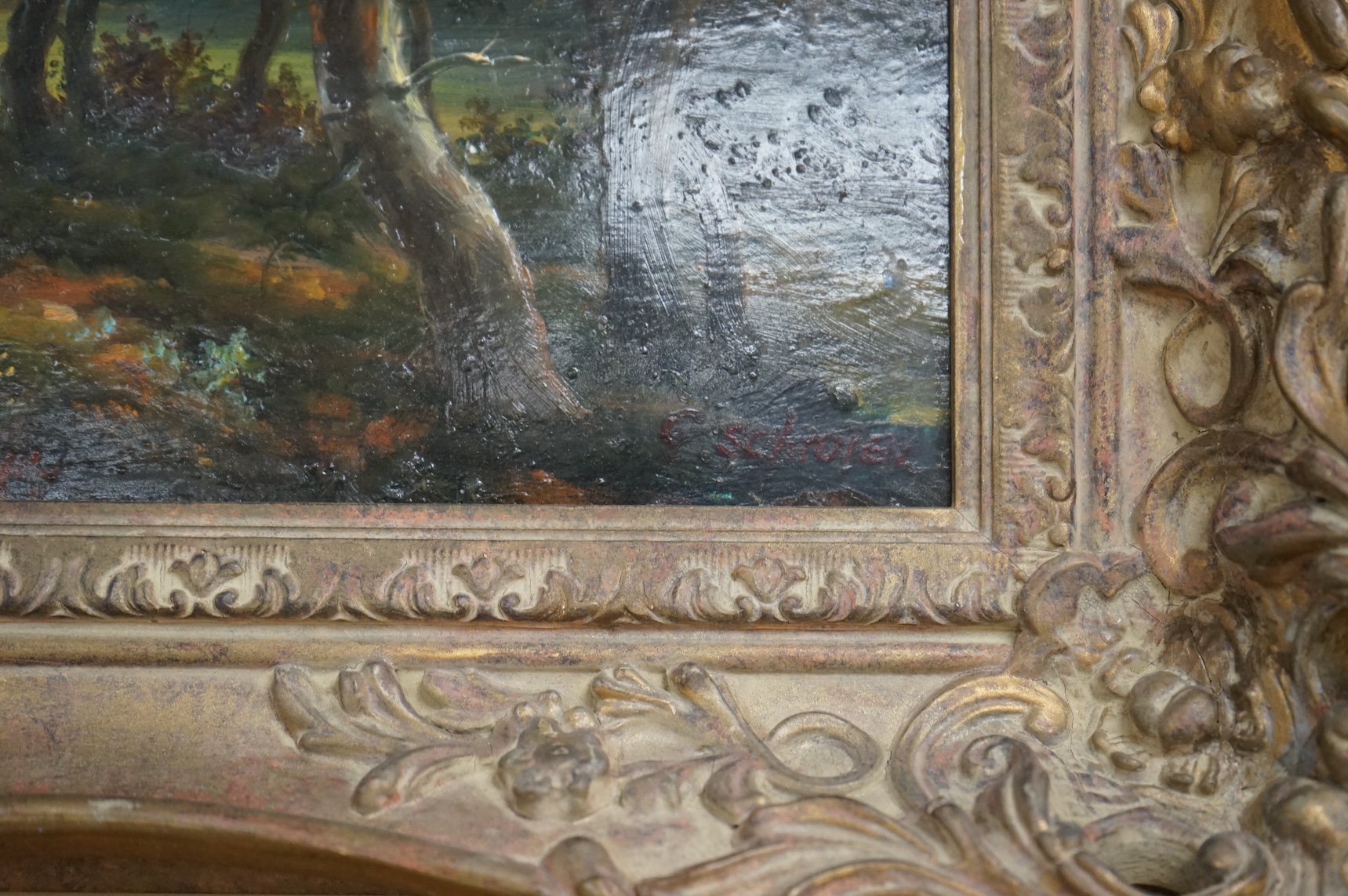 G. Schrober, Pastoral scene with figures, signed, oil on board, ornate framed, 37 x 59cm